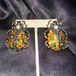 Elegant Beetle Earrings with Orange and Green Crystals